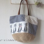 最終＊お絵かき風ネコ＊麻紐　かごバッグ＊ショルダー＊ギンガムチェック　パッチワークＭＬ