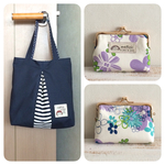 ✦che＊＊様ご予約品✦レトロカラー＊フラワーがま口カードケース&ちょっとそこまでミニバッグ紺無地×しましま×水玉