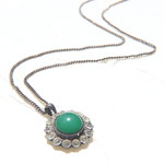 Vintage Necklace ヴィンテージ グリーンガラス ラインストーン シルバー ネックレス