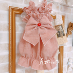 ハーフリネン☆夏も着れる❣️ レッドボーダー　可愛いフリルワンピース　犬服　犬ワンピース