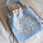 R4刺繍 リネンmini巾着バック　ライトブルー2
