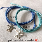 【ペア　2連🌊】ミサンガ　ブレスレット  アンクレット　メンズ　レディース　亀　青　アクア　エメラルドグリーン　青緑　カップル　お揃い