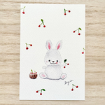 透明水彩画「さくらんぼとうさぎちゃん」イラストポストカード2枚セット サクランボ　果物　フルーツ　うさぎ　ウサギ　花　春　入園入学　母の日　父の日　バースデーカード