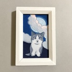 ミニ原画 家の壁シリーズ23【月夜のハチワレ猫のイラスト】