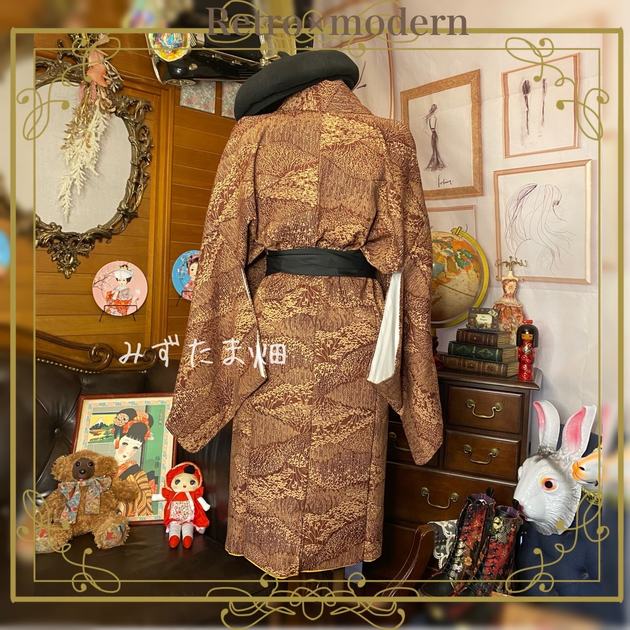 展示品　◇着物リメイク◇  セットアップ　ブルー　植物柄　ベルト2つ付き 展示品◇着物リメイク◇ セットアップ ブルー 植物柄 ベルト2つ付き 1点