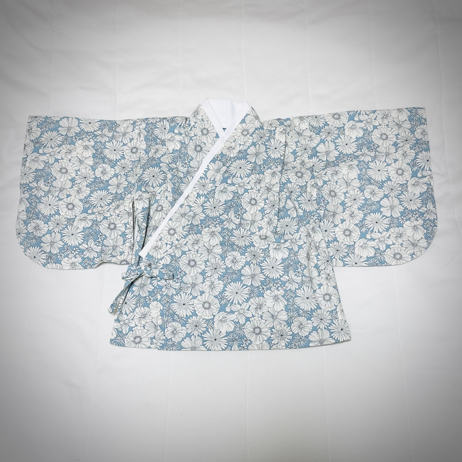ベビー袴 ハンドメイド ベビー着物 ブルー系白花柄 白 60 70 80