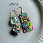 PP370-26フローライト+Colorful asymmetry*天然石ピアス   KC金フック  *送料無料* イヤリング＆樹脂ピアス交換OK　