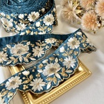 24cm/48cm  インド刺繍リボン  シルク  スカラップ花柄　ブルーグリーン