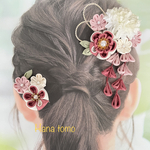 【受注制作】105 和装髪飾り　七五三　3歳　つまみ細工　ピンク　赤紫　結婚式　卒業式　袴　お呼ばれ　ヘアクリップ　2点セット
