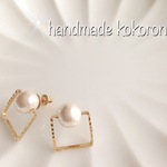 再販キラキラしかくとコットンパールのシンプルピアス(イヤリング)