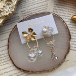 ゴールドフラワー💐アシンメトリービジューパールダイヤ💎ピアス&イヤリング