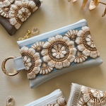 new🩶インド刺繍リボンポーチ ブルーグレー✨カードケース💳 ポーチ フェイクレザー