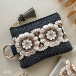 new🖤ふんわりヌビのインド刺繍リボンポーチ✨ダークグレー カラビナポーチ