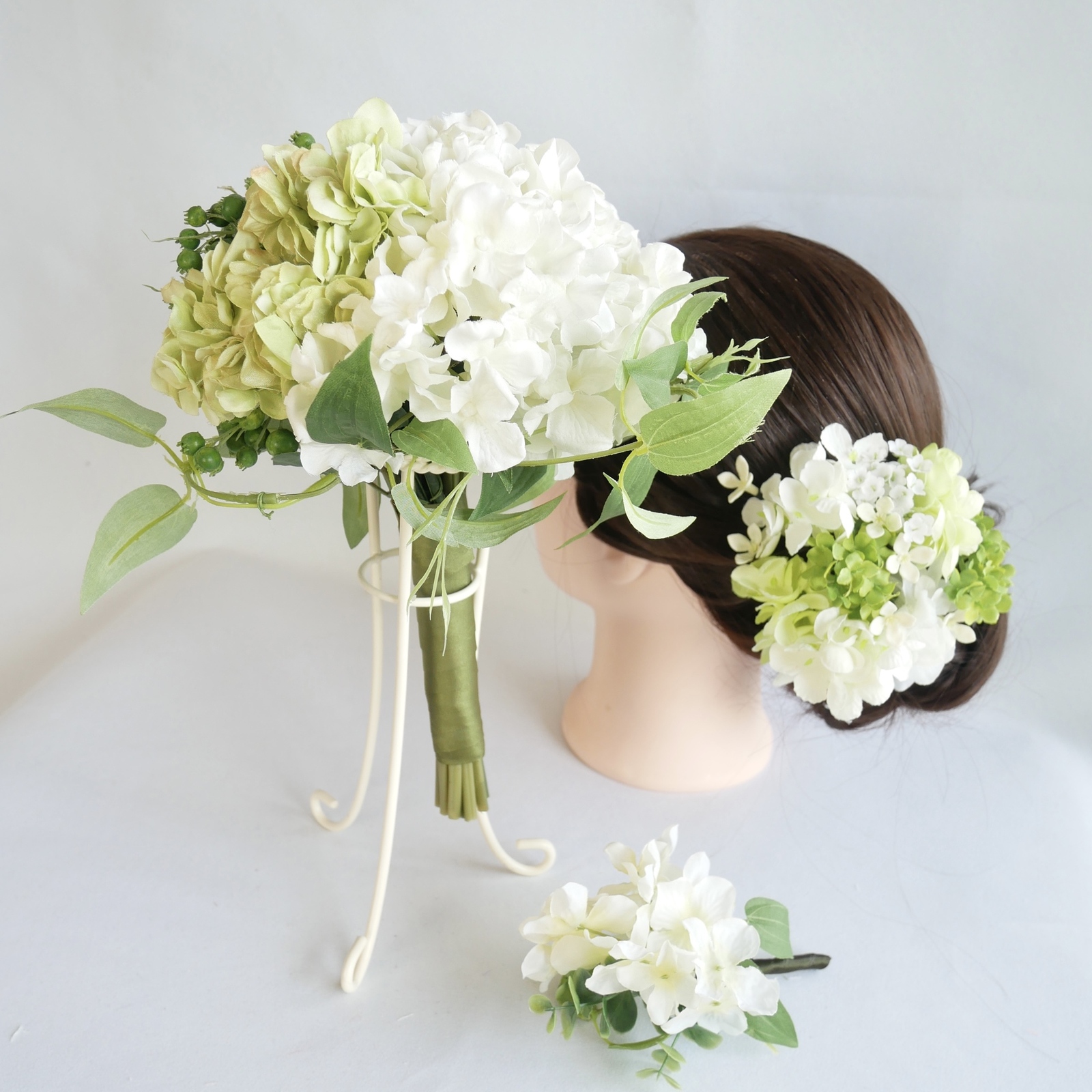 あじさい　ウエディング　緑　ブーケ　ブートニア　ヘッドドレス　結婚式