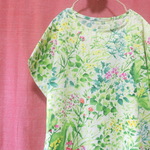 水彩風お花畑 半袖ワンピース green