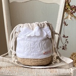 3WAY＊whiteworkアンティーク手刺繍モノグラム*巾着バッグ*かごバッグ*フランスアンティークリネン
