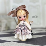 プチブライス　アウトフィット　ドットミニヨンワンピース&リバティエプロン＆ヘアリボン　3点セット　ハンドメイド　服