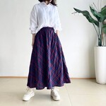フレアースカート♪コットンクリンクル（シワ加工素材）チェック柄紺
