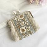 親子がま口財布　インド刺繍リボン　カードポケット付き　アクセサリーケース　パール　ナチュラル/サックス　コットンリネン　