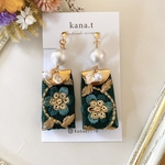 イヤリング　インド刺繍リボン　グリーン　コットンパール