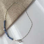 ビーズネックレス　天然石　淡水パール　ブルー