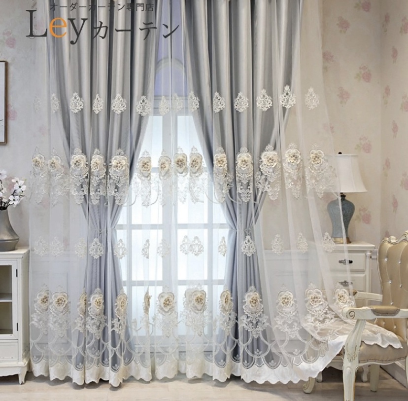 レース付き白カーテン　アンティークリメイク アンティークジャガードカーテンとミラーレースカーテン