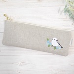 シマエナガとお花の刺繍リネンペンケース【生成り】 