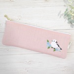 シマエナガとお花の刺繍リネンペンケース【ピンク】 