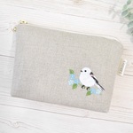 シマエナガとお花の刺繍リネンポーチ【生成り】