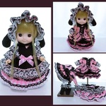 メルちゃんサイズ　ピンク　黒　ネコ柄　　垂れ耳ボンネット　コーデ5点セット　ハートエプロン　フリフリコーデ　ソランちゃん　レミンちゃん　コルネちゃんサイズ　ゴスロリ ロリータ 　服　ドール服