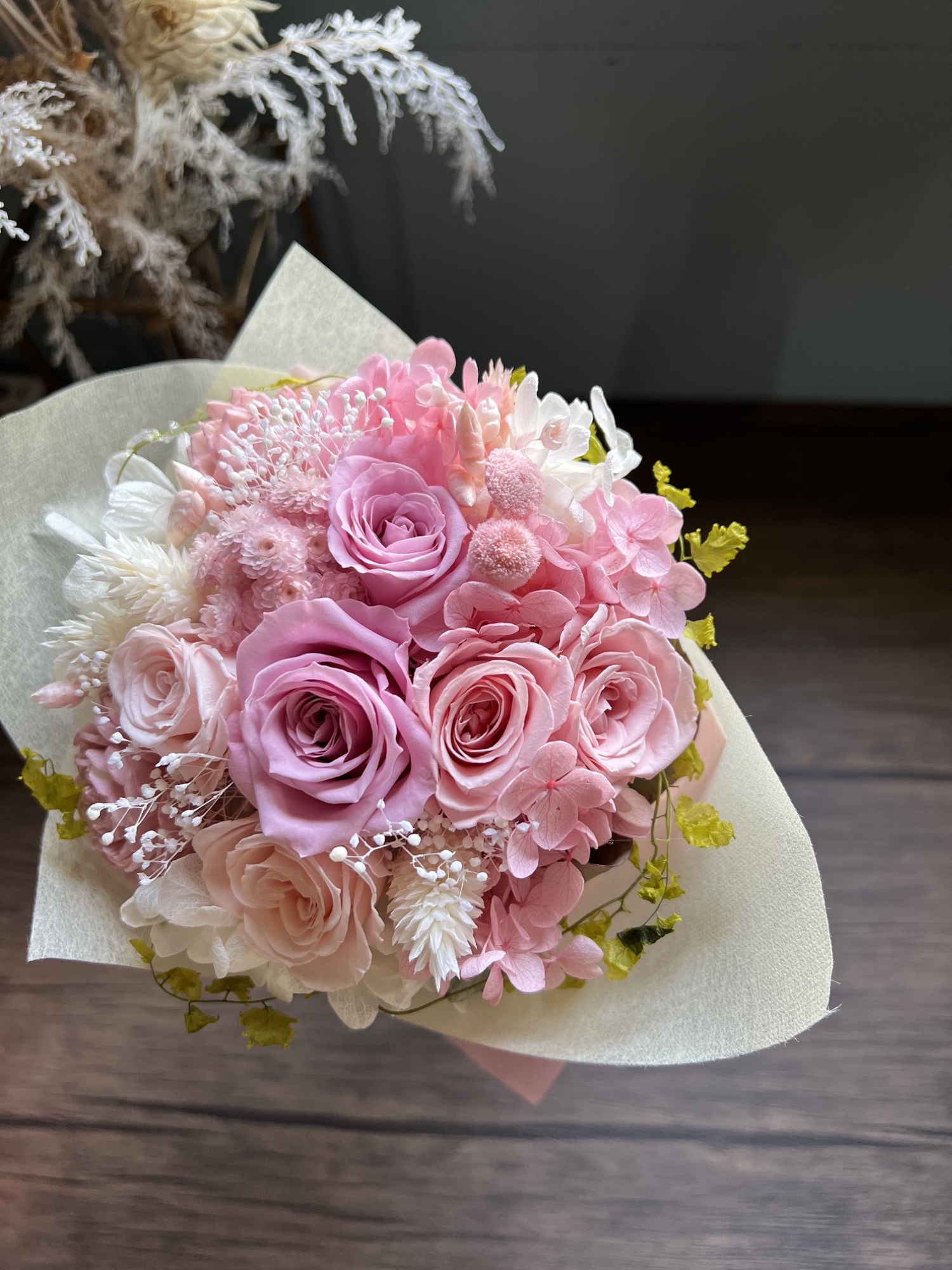 薔薇 花束 ブーケ ピンク 造花 生誕 結婚式 ウエディング リボン ローズ 75cacfc5c229eb979ff232830f0abd