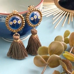 レトロフラワーのタッセルピアス/イヤリング  (ブルー×ゴールド) 