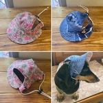 犬の帽子・リバーシブル・アウトドアハット・チャーム付き・小型犬・Ｍサイズ・日除け・サンバイザー・デニム＆ピンクひまわり柄