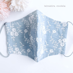 再販2✨裏地、cool綿🌈🌠さらに💫大きめマスク🌠ふっくら小花🌼の刺繍レース地✖️くすみブルー✨coolマスク、レースマスク、マスク、立体マスク、夏マスク、春マスク、立体マスク、布マスク、刺繍マスク