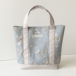 トートバッグM  帆布グレージュ×ボタニカル草花　綿麻　くすみブルー