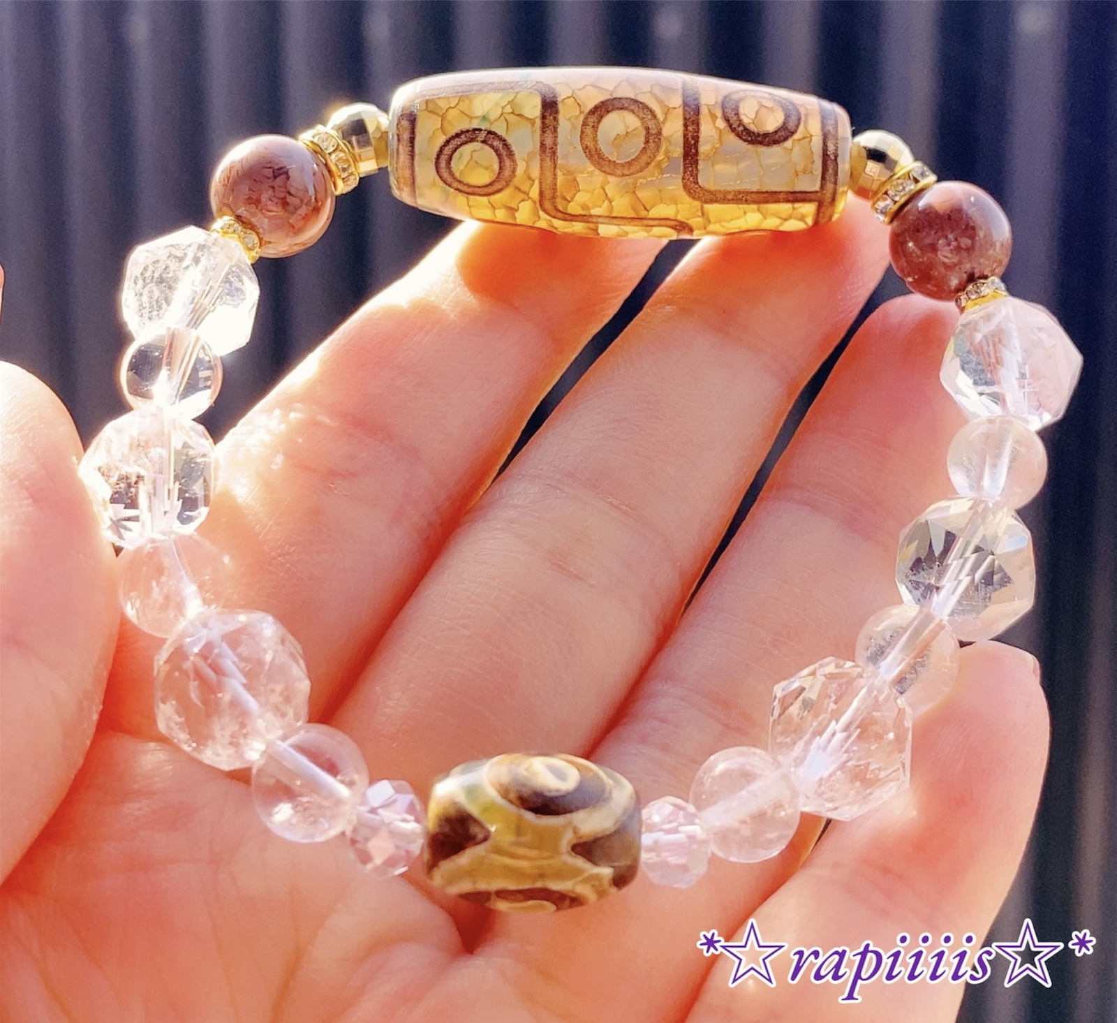 九眼天珠×三眼天珠×アラシャン×水晶 天珠 天然石 ブレスレット 
