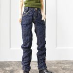 六分の一男子図鑑サイズ　５ポケットデニム　黄緑色ステッチ