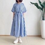 ドルマン袖2WAYワンピース♪　リネン　ストライプ柄