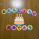 壁面飾り【2段ケーキ】誕生日おめでとう　紺色文字　画用紙
