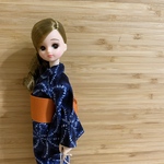 リカちゃんサイズ　藍色浴衣とレンガ色の帯のセット　巾着付き