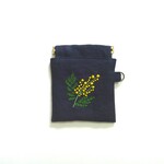 10㎝バネポーチ　濃紺リネンにミモザの刺繍　