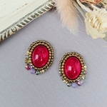クリアレッドのチェコフレームピアスorイヤリング／ 金属アレルギー対応 ビーズ刺繍 クリア アクセサリー