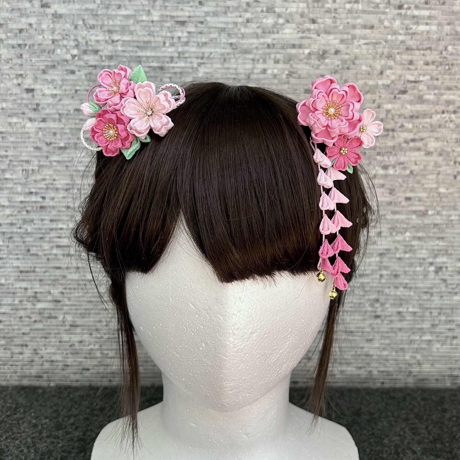 七五三（３歳さん向け）桜かんざしセット つまみ細工 ローズピンク   *髪飾り *藤下がり *日本髪 *浴衣 *袴｜詳細画像