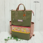 【mi様専用】№1443 倉敷帆布ボックスリュック＊オリーブ×ショッキングピンク×リバティマーガレットアニー×ヤマブキ×スモーキーコーラル
