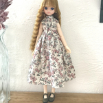 リバティプリント　清楚なワンピース　裾チュール【花柄ピンク系】ドール服　リカちゃん　ruruko　受注