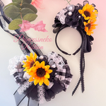 ペット用カチューシャ&チョーカーセット💖ひまわり🌻blackチェック①🖤