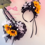 ペット用カチューシャ&チョーカーセット💖ひまわり🌻blackチェック②🖤
