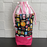 【再販】ペットボトル/水筒ホルダー  ペットボトルカバー 昭和レトロ 駄菓子(ブラック)×ピンク(ピンクストライプ)