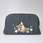 《新柄》お昼寝わんこ刺繍（柴犬）ワイヤーポーチ〈デニム〉送料無料