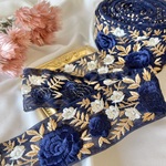 50cm  インド刺繍リボン  チュール  花柄  ネイビー  #mt36